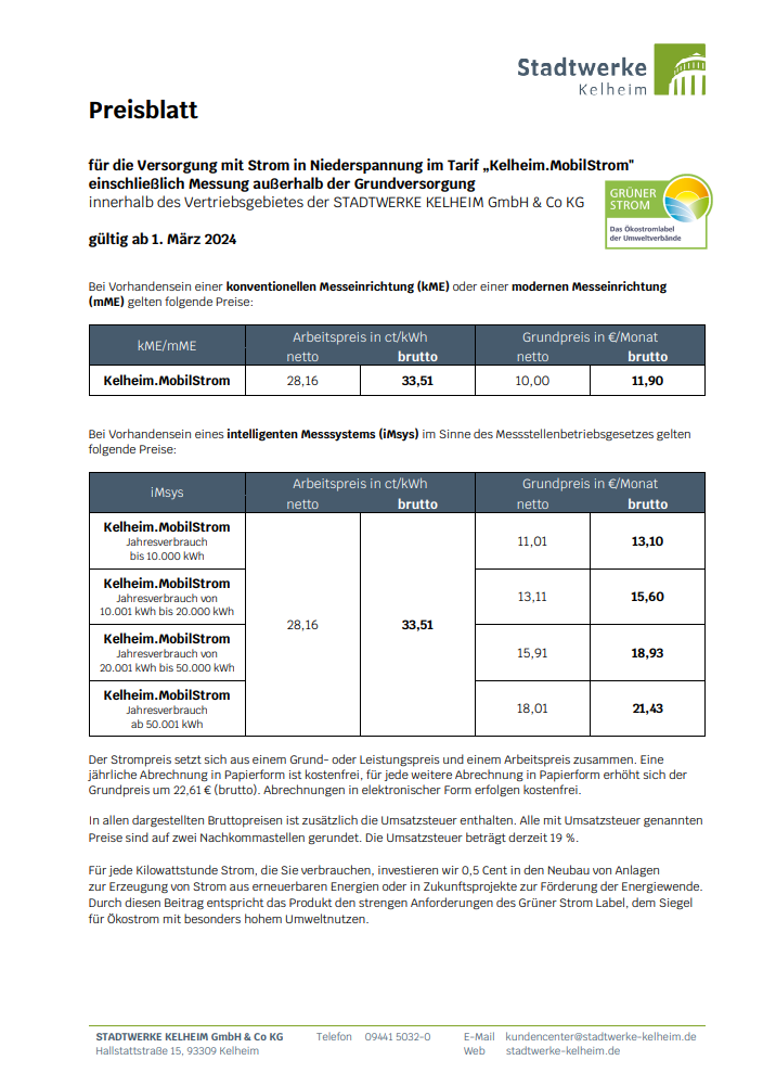 Preisblatt Mobilstrom Kelheim
