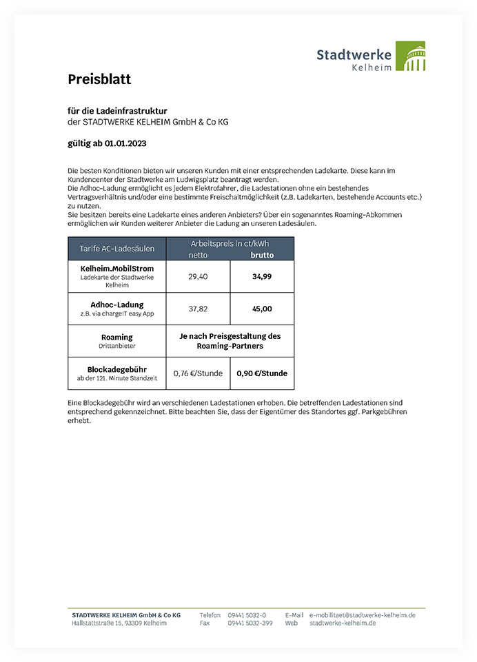 Preisblatt Ladestrom Kelheim