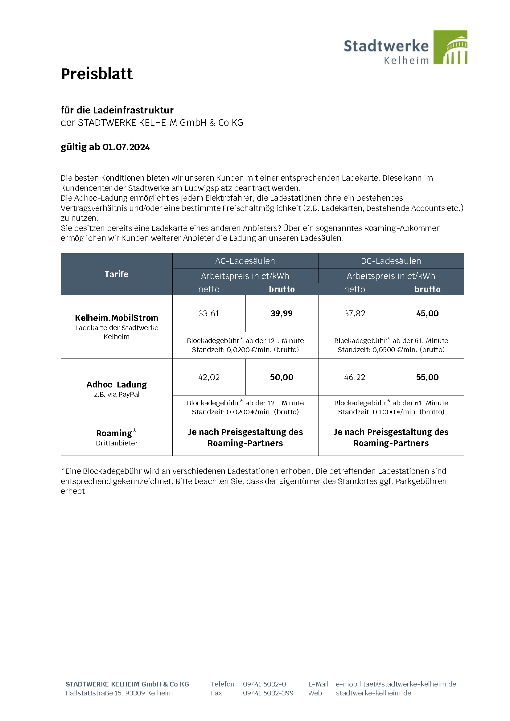 Preisblatt Ladestrom Kelheim